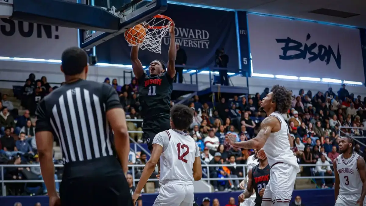 Canadian guard Ose Okojie throws down a dunk for the Howard Bison during non-conference action against Morehouse. 