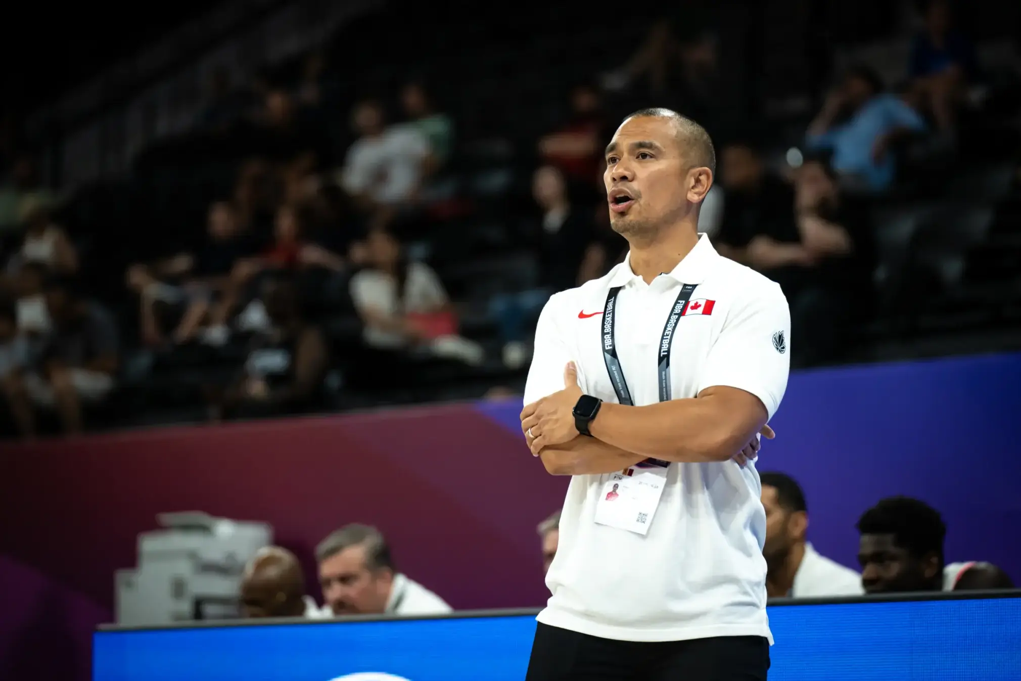 Canada head coach Chris Cheng looks on during Canada's Group B opener against Lithuania at the FIBA U17 World Cup. Lithuania closed the game with a decisive 38–18 fourth quarter to secure a 103–89 win.