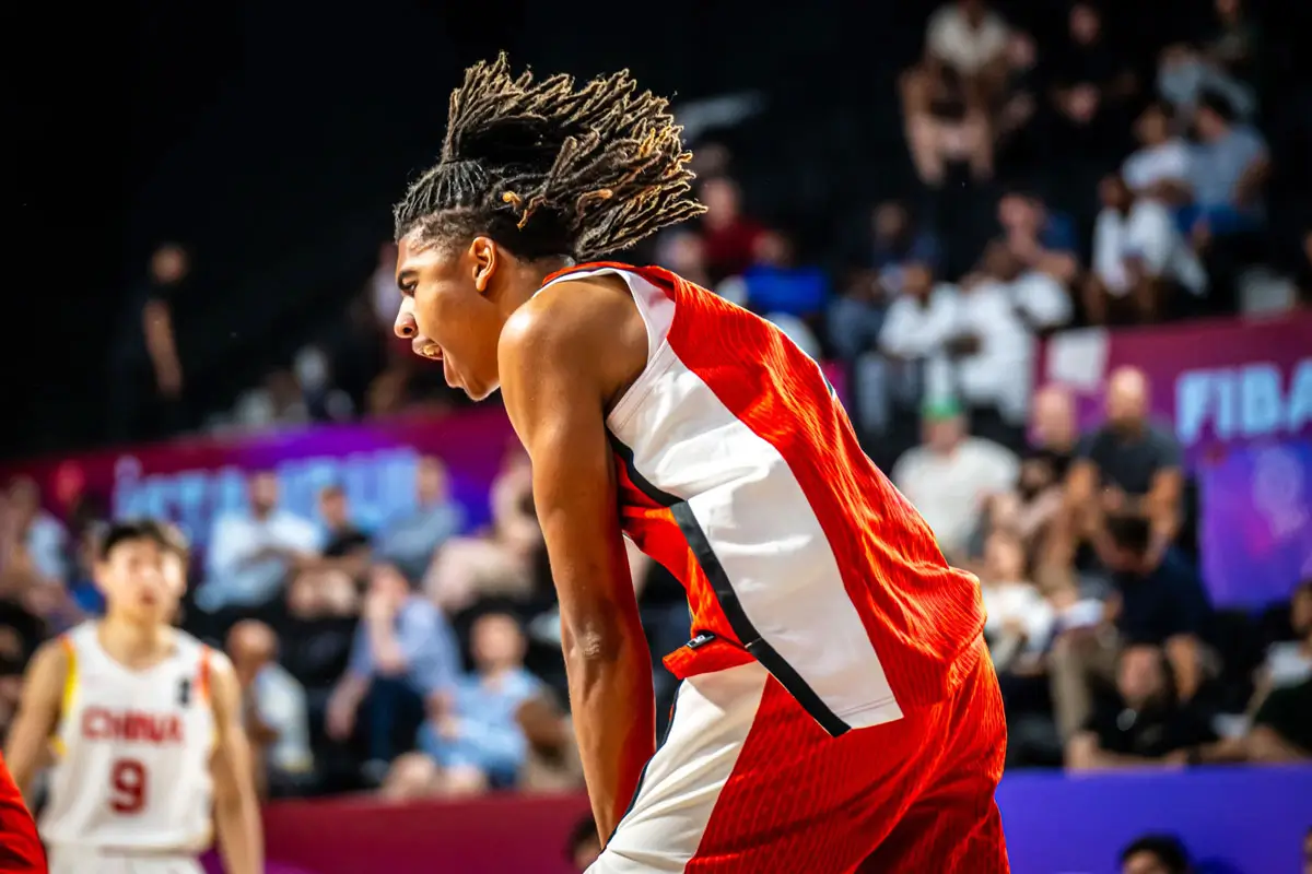 Isaiah Hamilton reacts after a momentum-shifting fourth-quarter basket as Canada closed China with a dominant finish at the FIBA U17 World Cup.