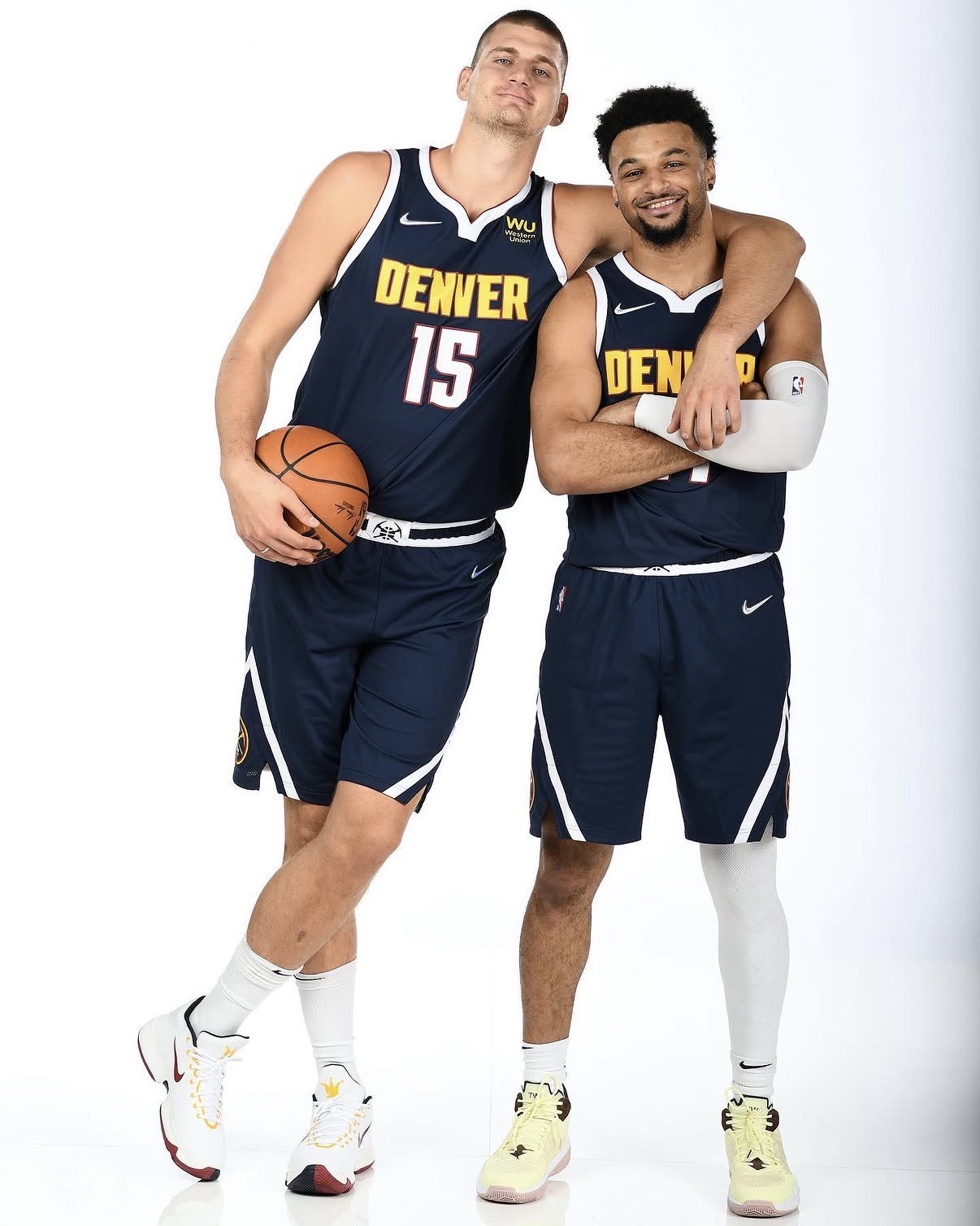 Jamal Murray and Nikola Jokić pose together for the Denver Nuggets, forming one of the league’s most dominant duos heading into the NBA Playoffs.