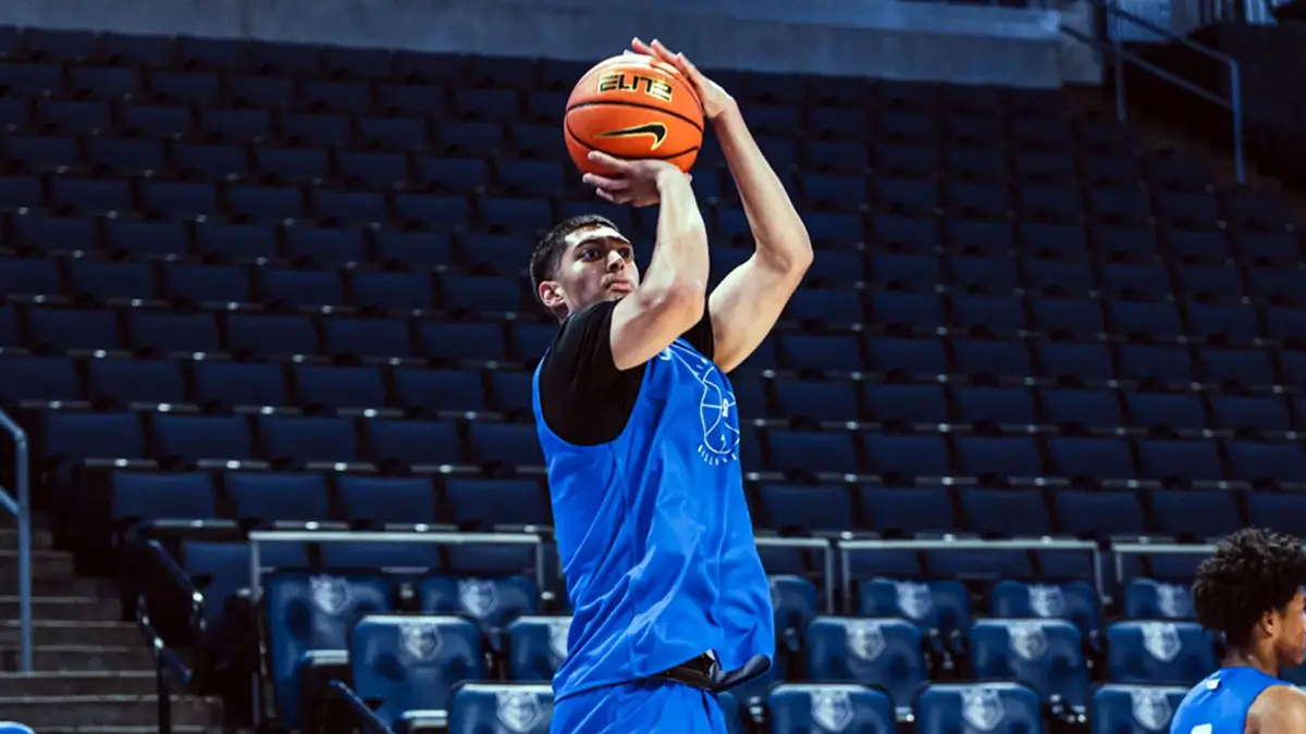 Canadian guard Ishan Sharma attempts a jump shot during a practice session with the Saint Louis Billikens.