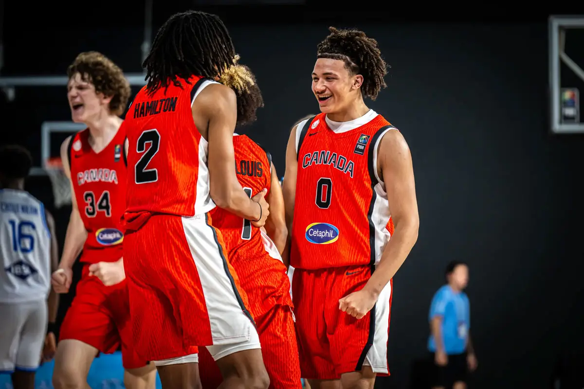 Team Canada celebrates following their FIBA U17 World Cup 2026 victory. Featuring Isaiah Hamilton, Isaiah Clarke, and Gotheri St-Louis.
