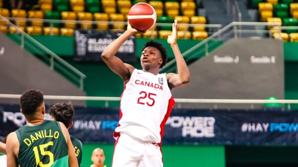 Canadian forward Paul Osaruyi scores two of his game-high 21 points against Brazil at the 2023 FIBA U16 Americas Championships.