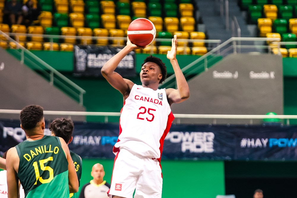 Canadian forward Paul Osaruyi scores two of his game-high 21 points against Brazil at the 2023 FIBA U16 Americas Championships.