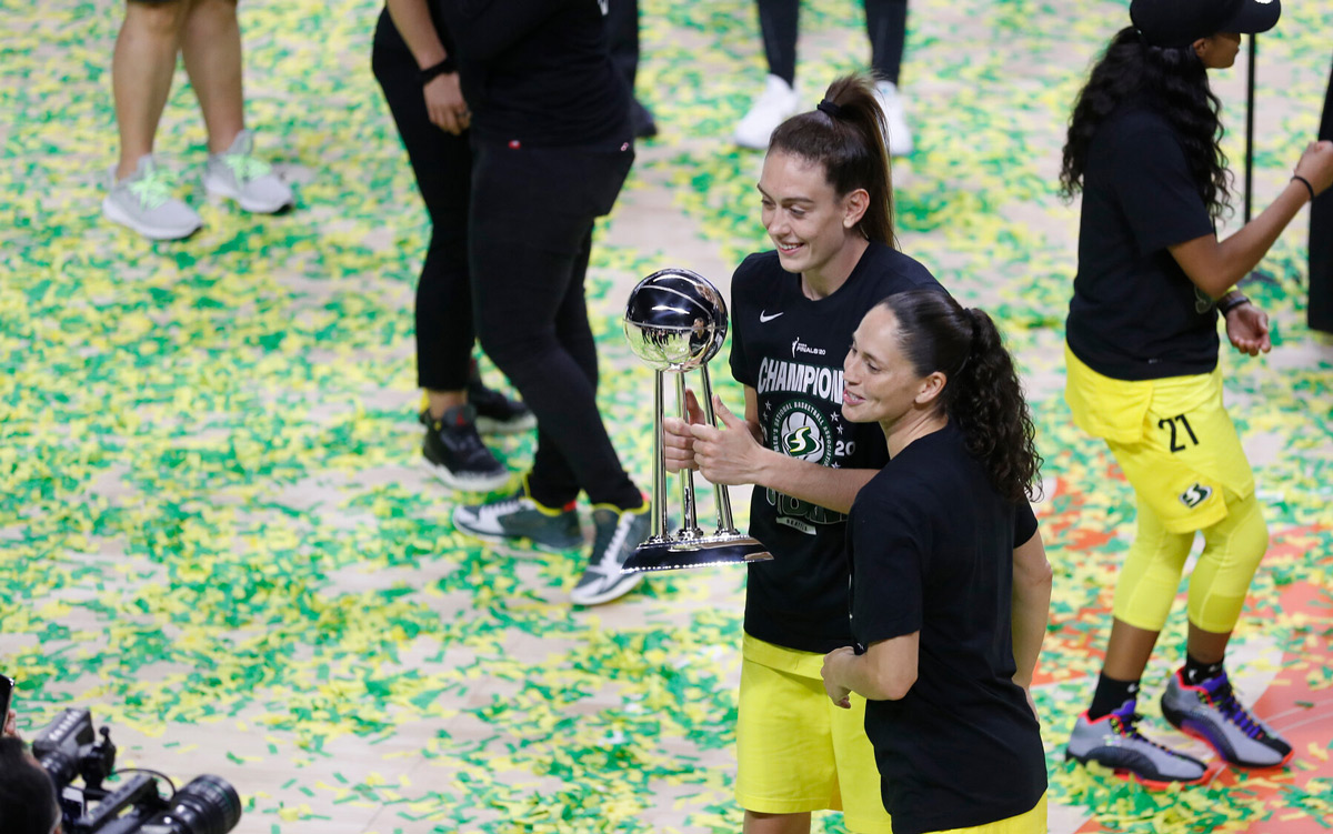 Breanna Stewart and Sue Bird celebrate Seattle Storm 2020 WNBA Champions