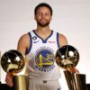 2022-2023 NBA Season Preview - Western Conference - Golden State Warriors Stephen Curry with four championship trophies at 2022 NBA media day