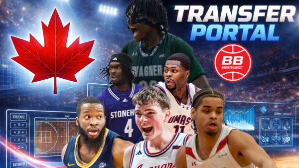 Canadian NCAA transfer portal standouts featured for the 2026 offseason: (L–R) Binael Basil (Wagner Seahawks), Davante Hackett (Stonehill Skyhawks), Xavier Spencer (UMass Lowell River Hawks), Michael Evbagharu (Canisius Golden Griffins), Adam Olsen (South Alabama Jaguars), and Chris Tshibola (Laval Rouge et Or).