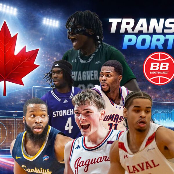 Canadian NCAA transfer portal standouts featured for the 2026 offseason: (L–R) Binael Basil (Wagner Seahawks), Davante Hackett (Stonehill Skyhawks), Xavier Spencer (UMass Lowell River Hawks), Michael Evbagharu (Canisius Golden Griffins), Adam Olsen (South Alabama Jaguars), and Chris Tshibola (Laval Rouge et Or).