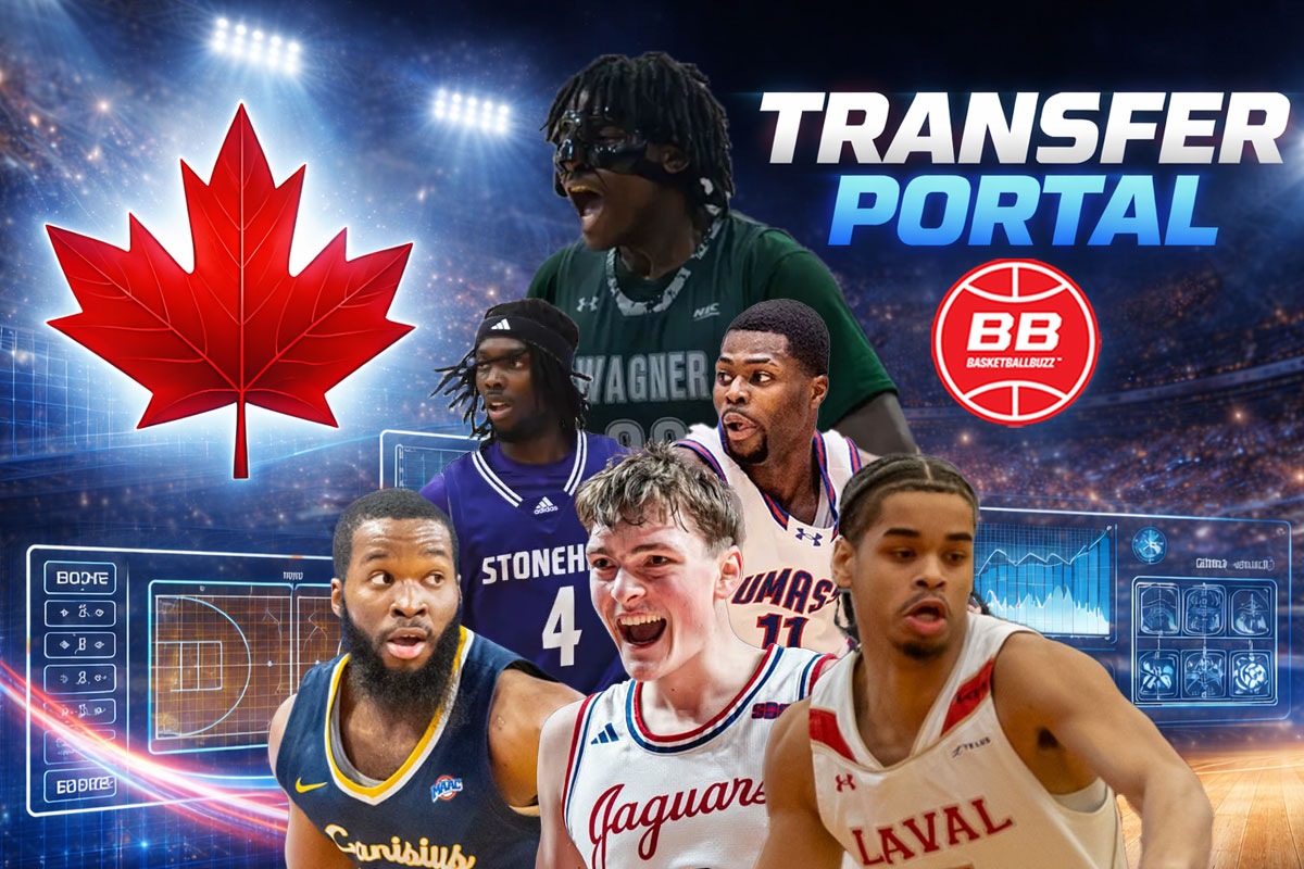 Canadian NCAA transfer portal standouts featured for the 2026 offseason: (L–R) Binael Basil (Wagner Seahawks), Davante Hackett (Stonehill Skyhawks), Xavier Spencer (UMass Lowell River Hawks), Michael Evbagharu (Canisius Golden Griffins), Adam Olsen (South Alabama Jaguars), and Chris Tshibola (Laval Rouge et Or).