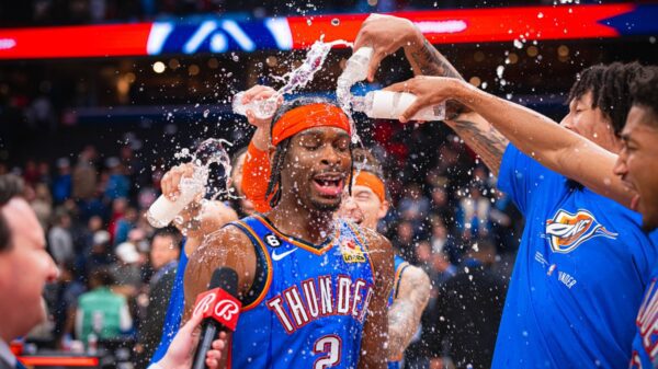 A November to remember, Canadian guard Shai Gilgeous-Alexander gets splashed with water after hitting the game winning shot to lift Oklahoma City Thunder past the Washington Wizards