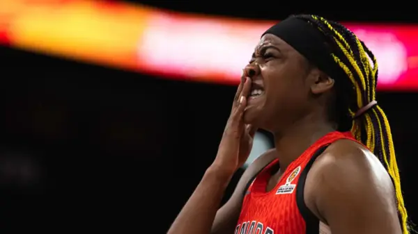 All-Star Aaliyah Edwards reacts after Canada’s narrow loss to Australia in Istanbul. Despite her dominant play, the program missed the World Cup cut for the first time in 24 years