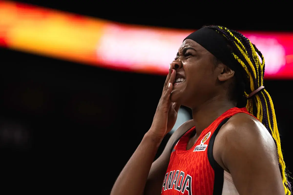 All-Star Aaliyah Edwards reacts after Canada’s narrow loss to Australia in Istanbul. Despite her dominant play, the program missed the World Cup cut for the first time in 24 years