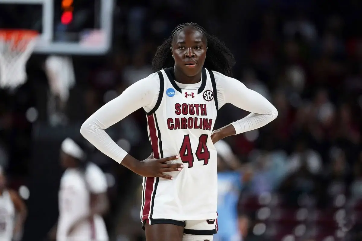 Agot Makeer surveys the court during South Carolina's first round NCAA Tournament rout of Southern University — the Canadian freshman scored 16 points, setting the tone for a breakout March Madness run.