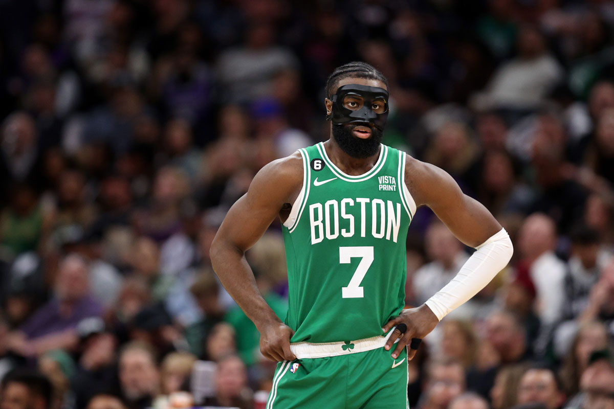 Boston celtics guard jaylen brown wearing protective face mask 2023 nba playoffs