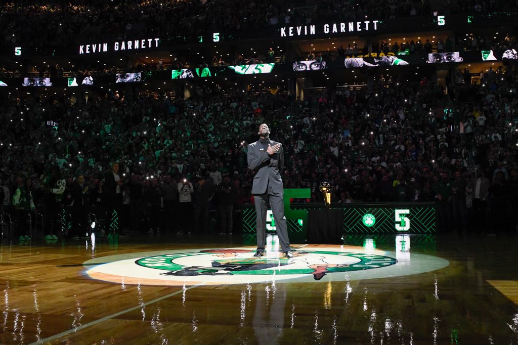 Boston celtics raise the big ticket of kevin garnetts number 5 to the rafters