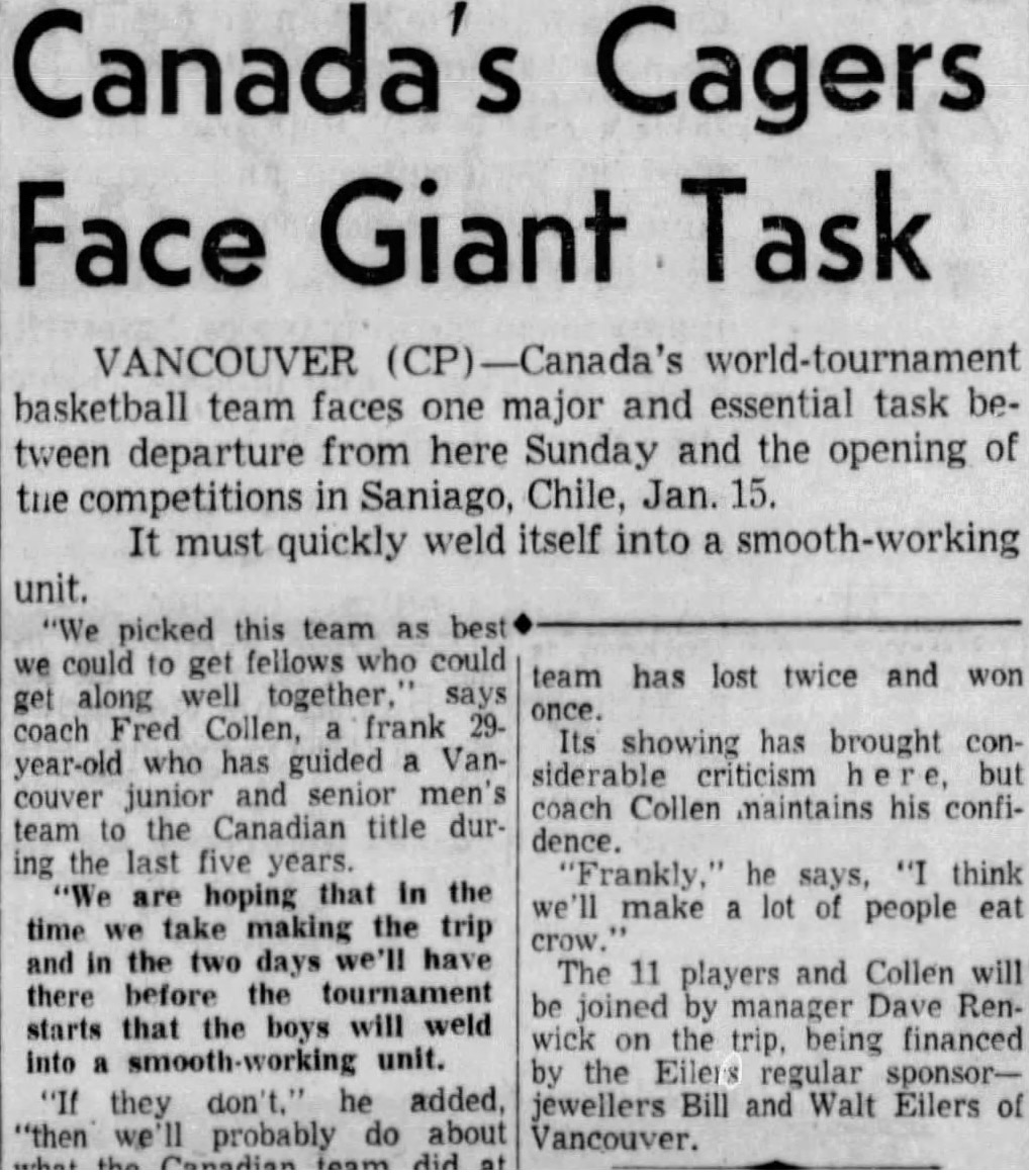 Canada Basketball Face Giant Task At 1959 Fiba World Championships In Chile