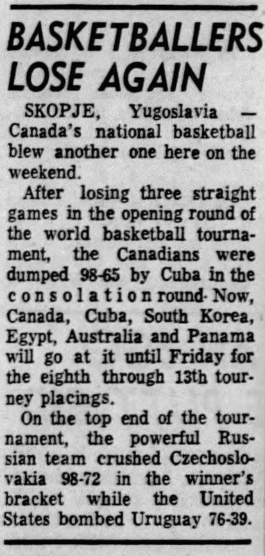 Canada loses to cuba at 1970 fiba world championships