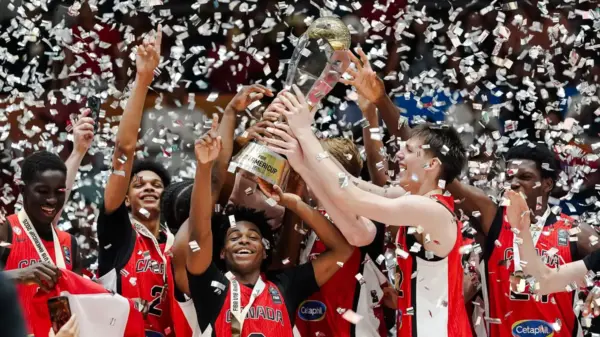 Canada celebrates after defeating the USA 67-65 to win the 2026 FIBA U18 AmeriCup championship.