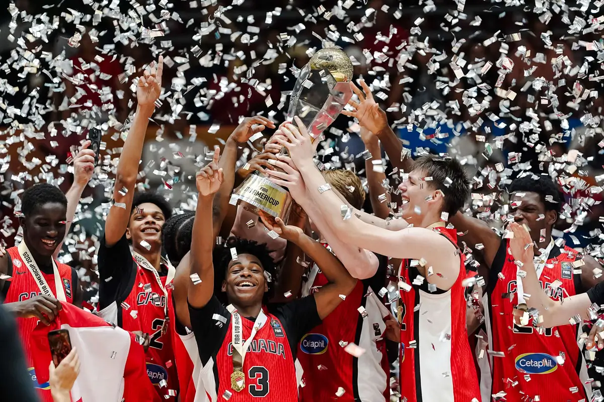 Canada celebrates after defeating the USA 67-65 to win the 2026 FIBA U18 AmeriCup championship.