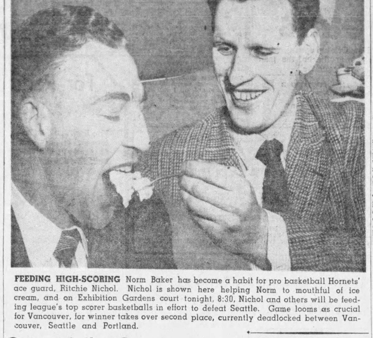 Canadian basketball history vancouver hornets ritchie nichol feeding norm baker a mouthful of ice cream