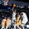 Old Dominion Monarchs Canadian freshman point guard Vasean Allette scores an uncontested two-point basket against Louisiana-Monroe Warhawks on January 20, 2024 at Chartway Arena. Allette the Monarchs leading scorer has dismissed from the Old Dominion Monarchs basketball team