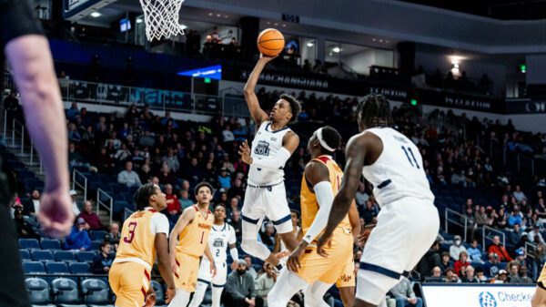 Old Dominion Monarchs Canadian freshman point guard Vasean Allette scores an uncontested two-point basket against Louisiana-Monroe Warhawks on January 20, 2024 at Chartway Arena. Allette the Monarchs leading scorer has dismissed from the Old Dominion Monarchs basketball team