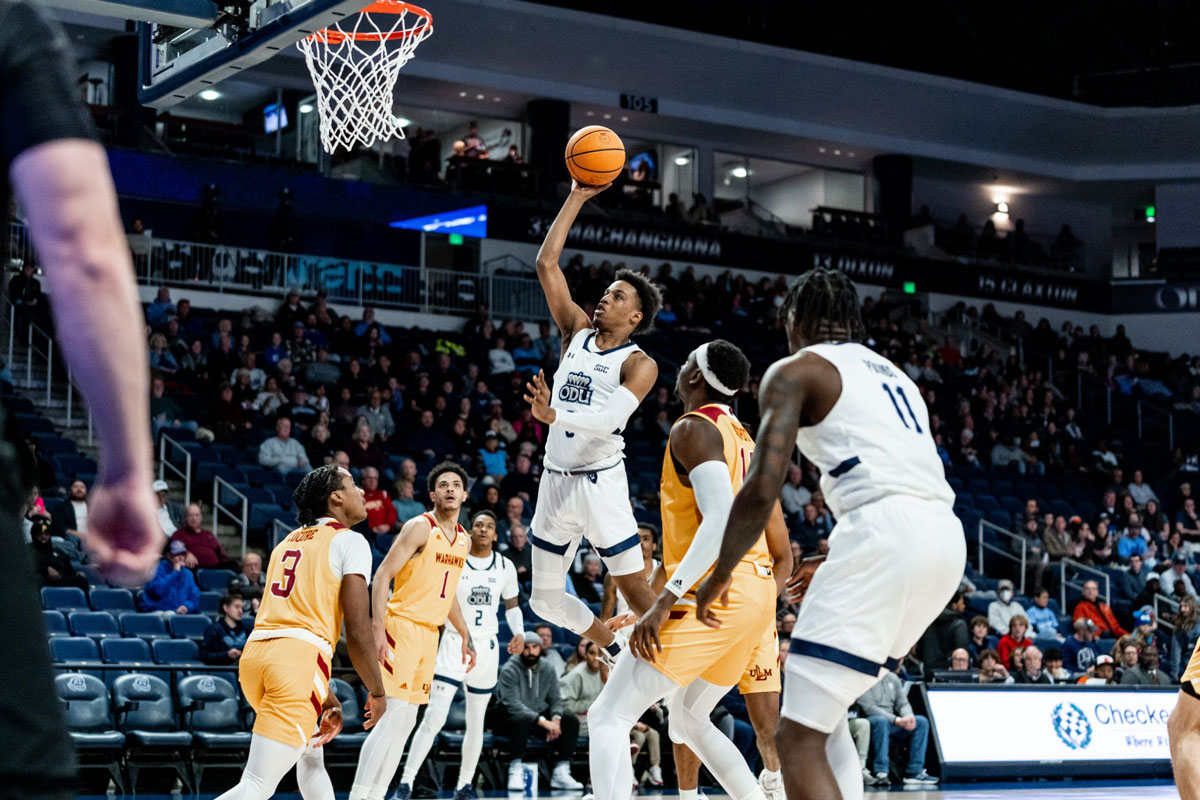 Old Dominion Monarchs Canadian freshman point guard Vasean Allette scores an uncontested two-point basket against Louisiana-Monroe Warhawks on January 20, 2024 at Chartway Arena. Allette the Monarchs leading scorer has dismissed from the Old Dominion Monarchs basketball team