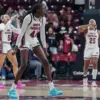 Agot Makeer #44 of the South Carolina Gamecocks reacts in the first half against the Vanderbilt Commodores during their game at Colonial Life Arena on January 25, 2026 in Columbia, South Carolina