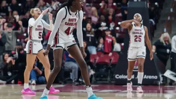 Agot Makeer #44 of the South Carolina Gamecocks reacts in the first half against the Vanderbilt Commodores during their game at Colonial Life Arena on January 25, 2026 in Columbia, South Carolina