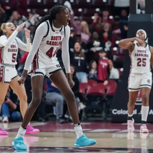 Agot Makeer #44 of the South Carolina Gamecocks reacts in the first half against the Vanderbilt Commodores during their game at Colonial Life Arena on January 25, 2026 in Columbia, South Carolina