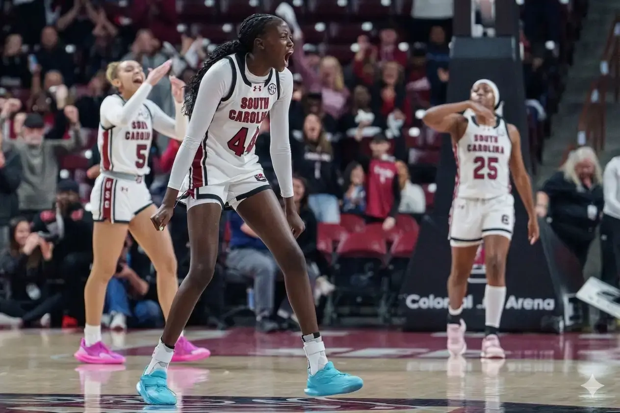 Agot Makeer #44 of the South Carolina Gamecocks reacts in the first half against the Vanderbilt Commodores during their game at Colonial Life Arena on January 25, 2026 in Columbia, South Carolina