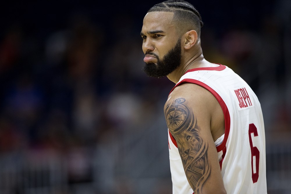 Canadian guard cory joseph looks on at the 2019 fiba world cup qualifiers against the dominican republic at ricoh coliseum in toronto