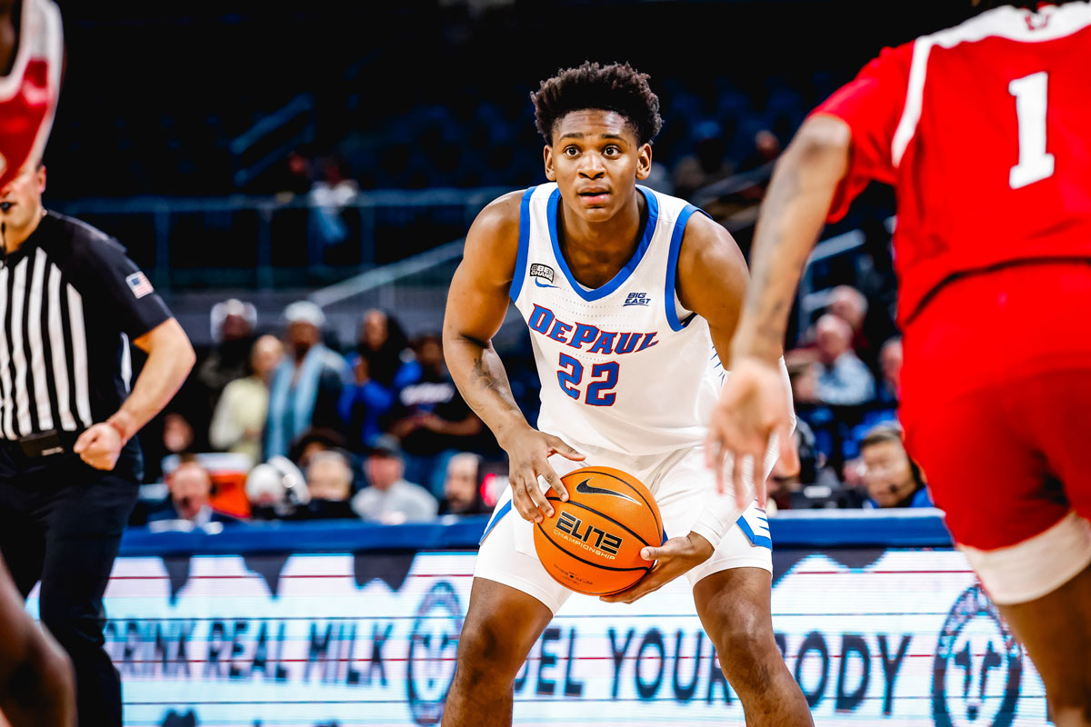 Canadian guard elijah fisher looks on while playing his sophomore season for the depaul blue demons