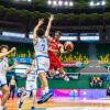 Canadian guard Kamai Samuels drives to the basket and delivers a tasty assist to teammate Paul Osaruyi during the opening game of the 2023 FIBA U16 Americas Championships in the city of Mérida in Yucatán, Mexico.