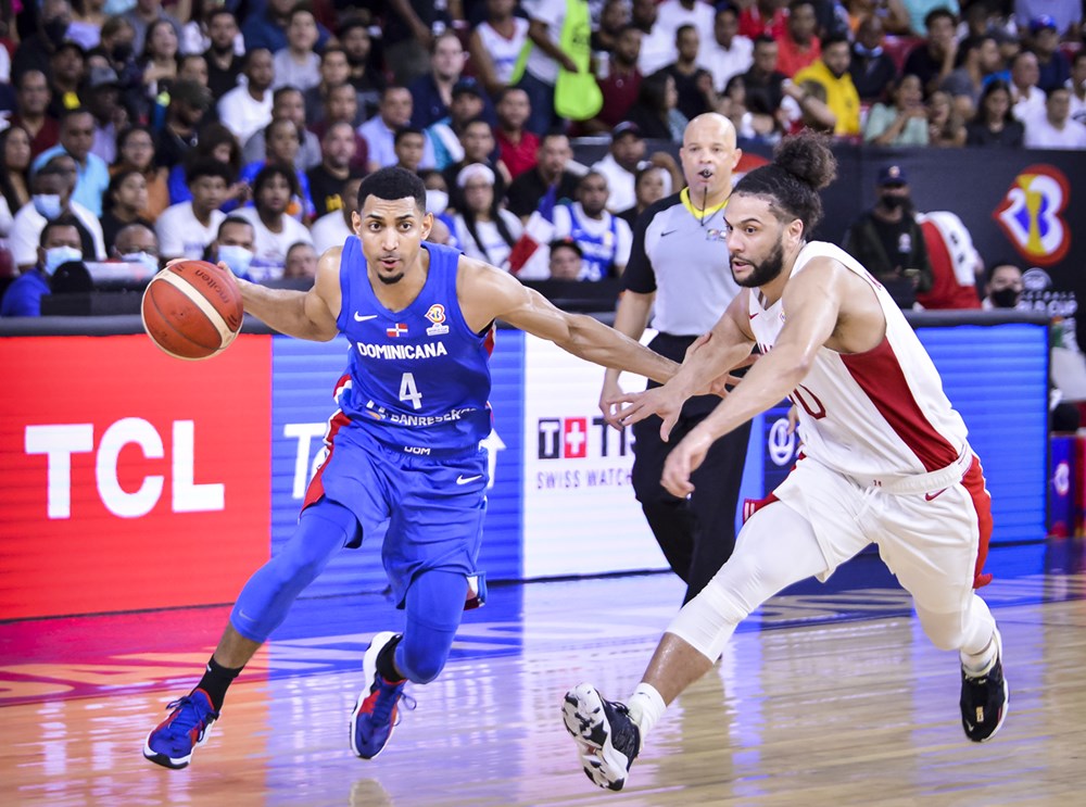 Canadian guard kaza kajami keane defends gelvis solano of the dominican republic 2023 fiba basketball world cup qualifiers