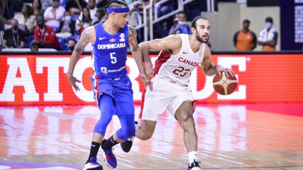 Canadian guard Phillip Scrubb attacks the basket against the Dominican Republic 2023 FIBA basketball world cup qualifiers