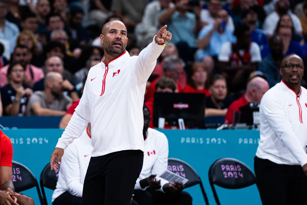 Canadian head coach jordi fernandez instructs team canada in their opening game against greece at the paris 2024 olympic games