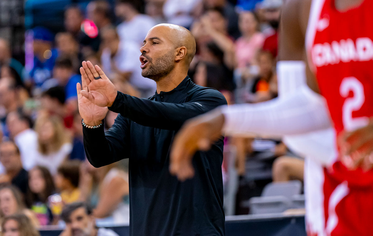Canadian senior mens national team head coach jordi fernandez gives instructions from the sidelines during the dominican republic 94 88 win over canada