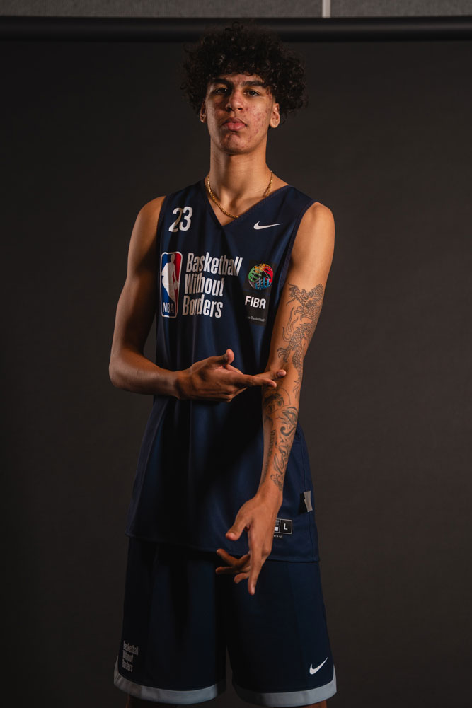 Canadian star will riley poses for picture during media day of the 2024 basketball without borders global camp