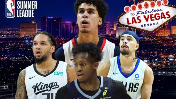 Will Riley, Ryan Nembhard, Emanuel Sharp and Olivier-Maxence Prosper featured in a graphic promoting the 2026 NBA Summer League in Las Vegas.