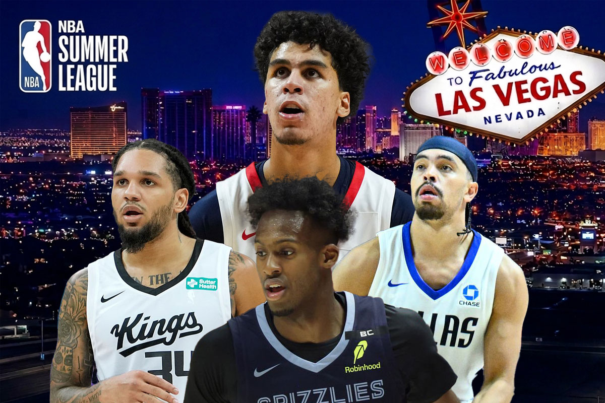 Will Riley, Ryan Nembhard, Emanuel Sharp and Olivier-Maxence Prosper featured in a graphic promoting the 2026 NBA Summer League in Las Vegas.