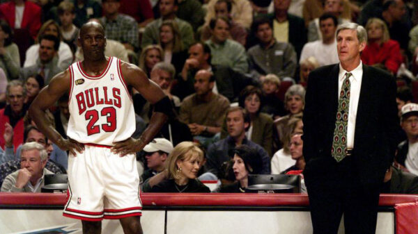 Chicago Bulls Michael Jordan Standing Side By Side Utah Jazz Coach Jerry Sloan