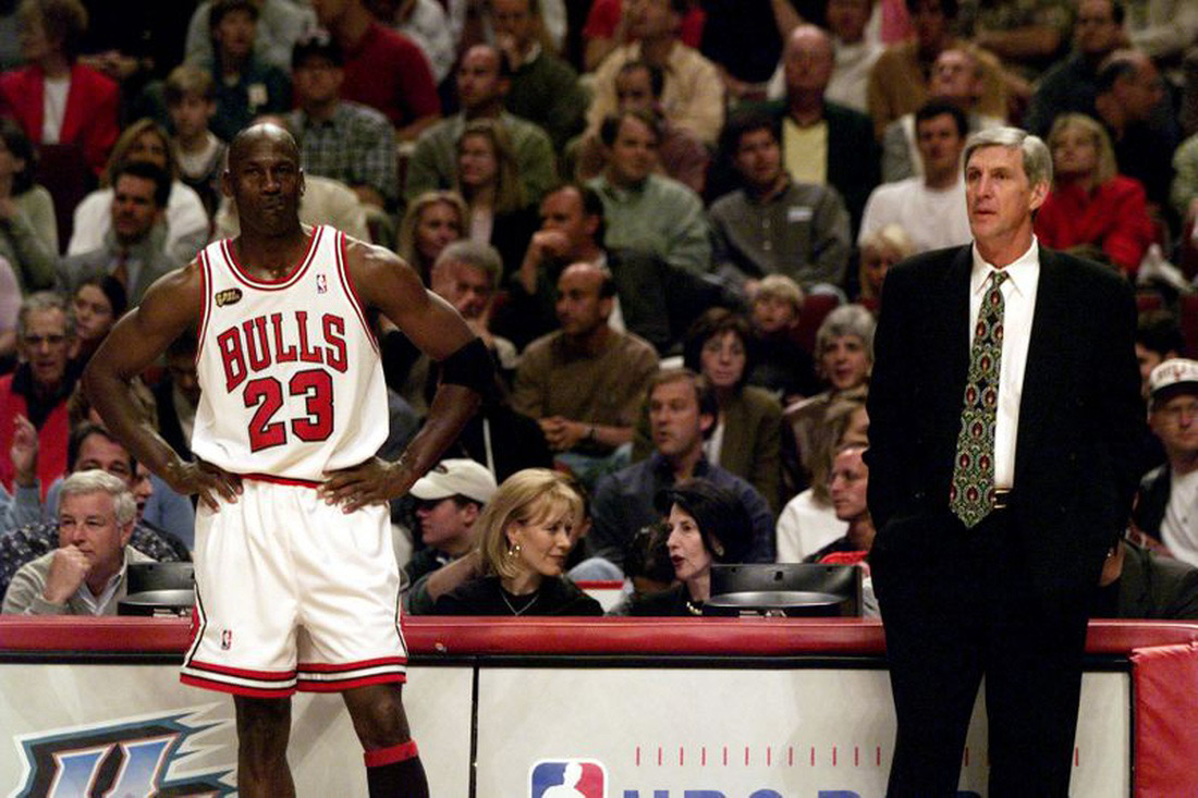 Chicago Bulls Michael Jordan Standing Side By Side Utah Jazz Coach Jerry Sloan
