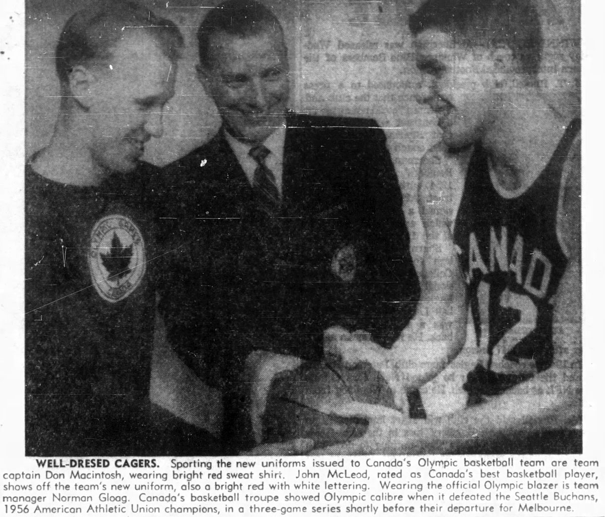 Dan macintosh and john mcleod show off canadian olympic basketball uniforms ahead of 1956 men olympics basketball tournament in melbourne australia