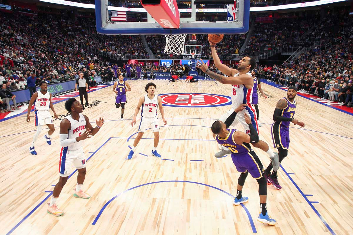 Detroit pistons canadian basketball player trey lyles draws defensive foul on lakers guard russell westbrook