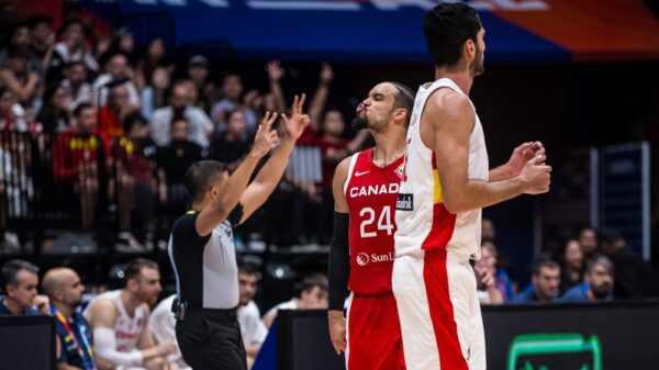 Dillon Brooks (22 points, 5 rebounds, 8/12 FG) blows a kiss after nailing a clutch fourth-quarter to tie the game at 80-80 a peice and help Canada stun Spain 88-85 to advance to FIBA World Cup quarter-finals and end Canada's Olympic drought.