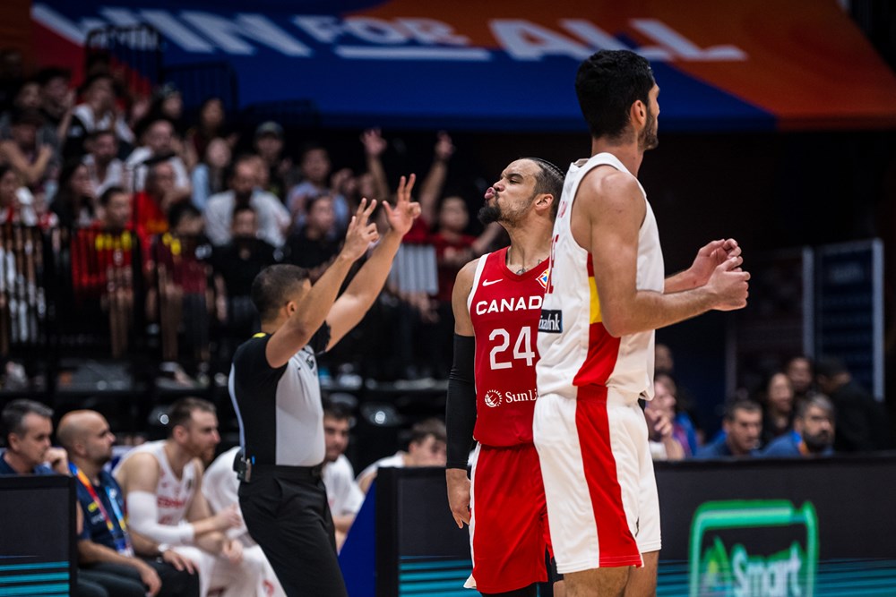 Dillon Brooks (22 points, 5 rebounds, 8/12 FG) blows a kiss after nailing a clutch fourth-quarter to tie the game at 80-80 a peice and help Canada stun Spain 88-85 to advance to FIBA World Cup quarter-finals and end Canada's Olympic drought.