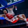 Dillon Brooks (10 points, 3 assists) hangs on the rim and slaps the backboard as Canada beats Lebanon 128-73 in 2023 FIBA World cup action
