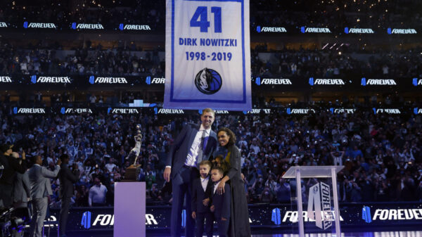 For 41 mavs goat nowitzki raised to the rafters with the banner he put there