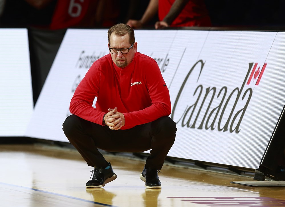 Former canadian senior mens national team head coach nick nurse coaching against greece during the 2020 fiba olympic qualifying tournament